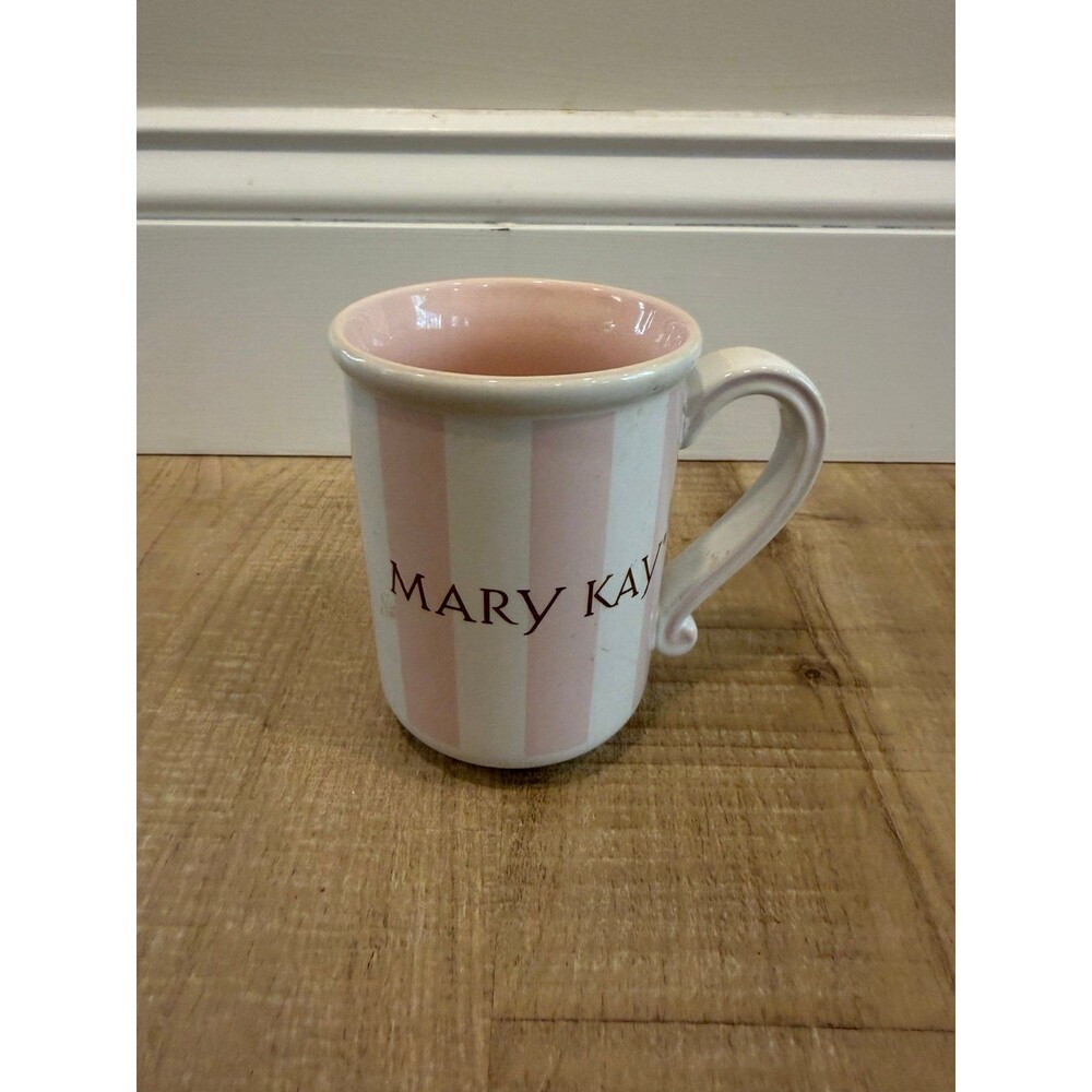 MARY KAY Mug Pink & White Stripes w/Gold Lettering Coffee Tea Cocoa Cup